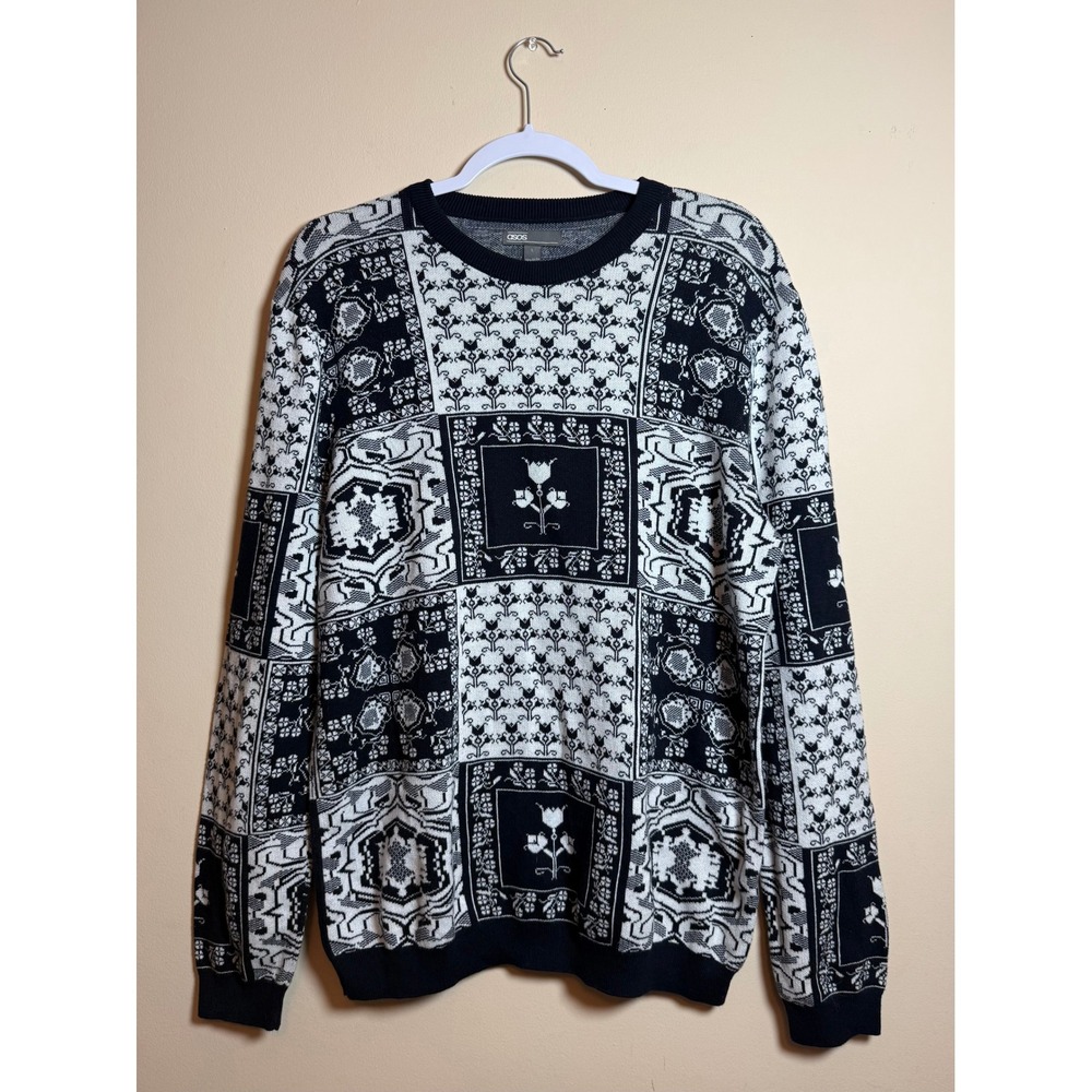 ASOS Mens Large Black White Patchwork Floral Jacquard Cotton Sweater Patchwork